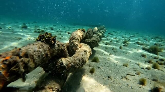 Underwater view of a large rusty anchor chain resting on sandy seabed with clear blue water and small bubbles rising towards the surface in bright daylight