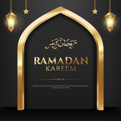 Elegant Ramadan Kareem Greeting With Golden Arch, Lanterns, and Luxurious Black Background