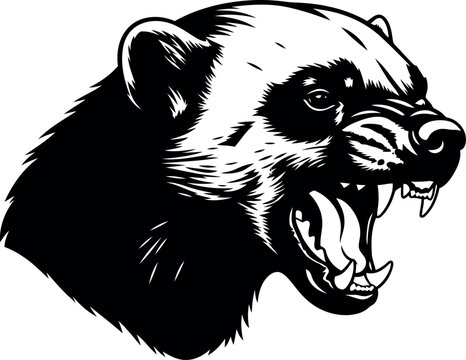 Aggressive Wolverine Head Illustration Black and White Vector Art