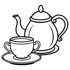 Teapot and Teacup with Saucer Vector Illustration