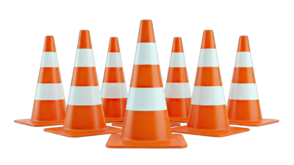 Orange Traffic Cones Standing in a Row on White Background
