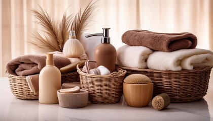 Fototapeta premium beige and brown bath accessories in wicker baskets