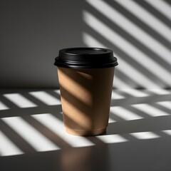 Kraft Coffee Cup with Black Lid Under Striped Shadow Light
