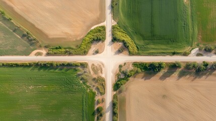Fototapeta premium Crossroads in a rural area with fields surrounding it during daytime