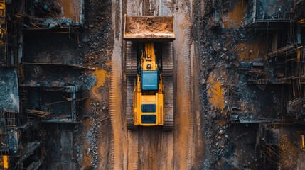 An excavator sits on a muddy construction site surrounded by debris and construction materials.