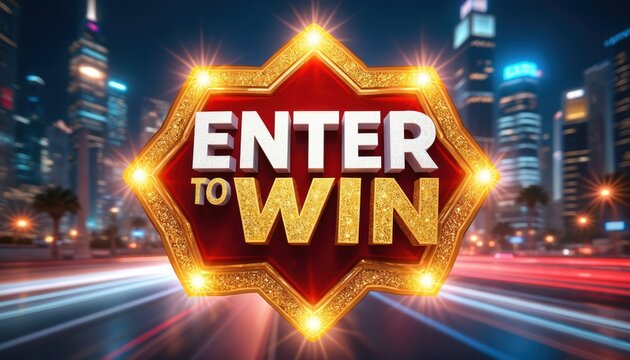 Golden award sign reads enter to win against blurred city skyline backdrop with light streaks. This visual promotes contests giveaways and prize opportunities.