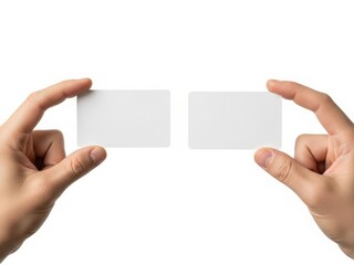 Fototapeta premium Two hands holding blank white cards isolated on white background