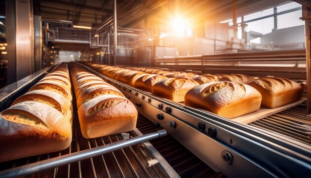 fresh loaves of bread on industrial bakery conveyor line photo food production bakery industry automated process baking technology factory output