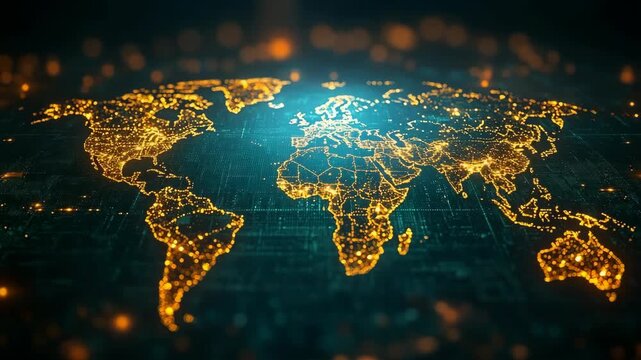 Animated global network lights connecting world map.