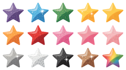 Vibrant star icons in various colors on transparent background PNG