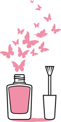 Pink nail polish bottle with flying butterflies, open manicure container with brush, beauty salon cosmetics concept, fashion vector design, cad drawing flat vector illustration