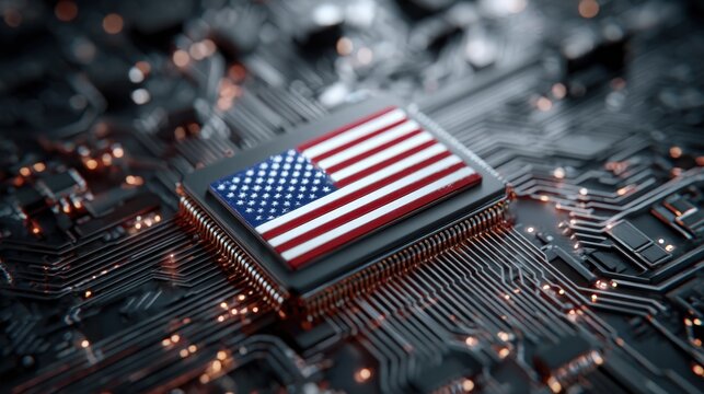 A microchip featuring the design of the American flag sits on a detailed circuit board. The setting emphasizes technology and digital engineering aspects - Powered by Adobe