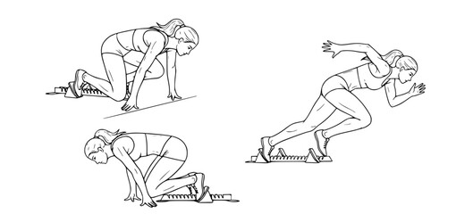 Fototapeta premium Athletic runner in starting blocks and mid-stride illustration of sprint race preparation