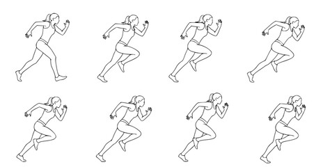 Fototapeta premium Animated sequence of a woman in a running motion, depicted in outline style