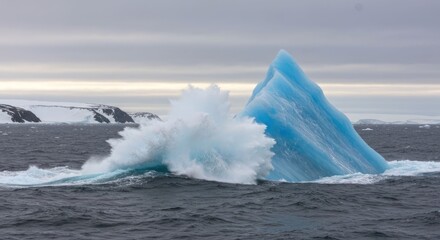 A stunning blue iceberg cresting a wave against a moody sky