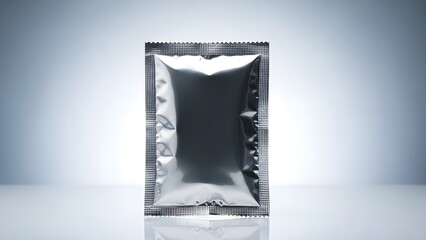Blank silver foil sealed sachet package mockup centered against a bright minimalist gradient background for product display on white background