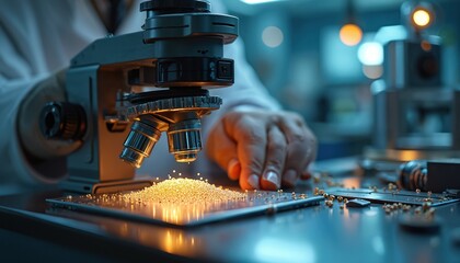 Scientist examines tiny particles using a microscope in a modern lab. Researcher works with nano materials, studying science equipment. Innovation in science discovery.