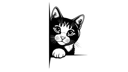 Curious Cat Peer Behind Corner, Black & White Flat Design