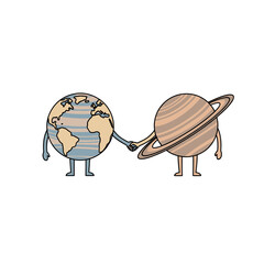 Cartoon planets holding hands symbolizing cosmic love with hearts  