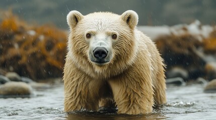 A polar bear stands in a shallow river with water droplets on its fur, looking directly at the camera.