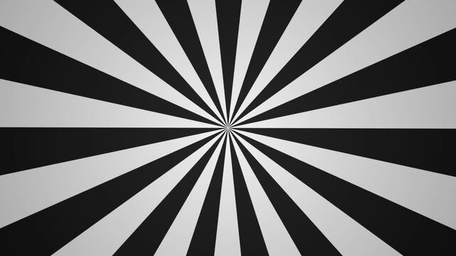 Seamless looped sunburst animation with black and white radial rays expanding from the center. High-contrast retro motion background ideal for titles, promos, presentations, and graphic design.