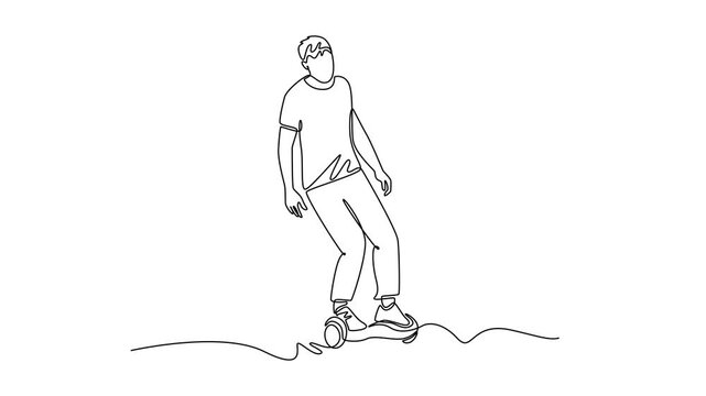 Animated self drawing of continuous line draw young man balancing on two-wheeled hoverboard, leaning forward for speed. Energetic and casual micro-mobility urban trend. Full length one line animation