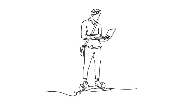 Animated self drawing of continuous line draw young man in business attire riding hoverboard while using laptop. Depicts multitasking technology efficiency on the move. Full length one line animation