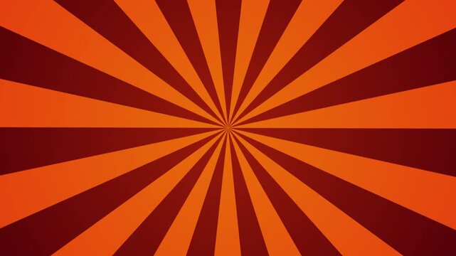 Seamless looped sunburst animation with bold orange and dark red radial rays expanding from the center. Retro-style motion background ideal for titles, promos, presentations, and energetic graphics.