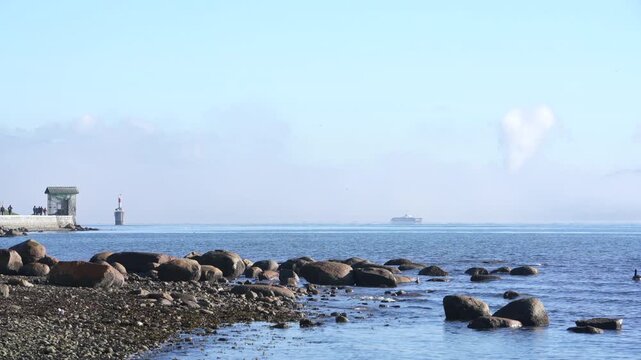 Stanley Park Seawall Burrard Inlet Fog 4K UHD.A Seabus ferry crosses Burrard Inlet, off Stanley Park in the fog. 4K, UHD.
