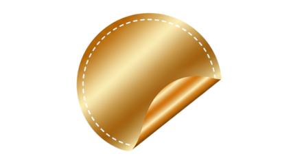 Golden round sticker with peeling corner and stitched edge isolated on transparent background