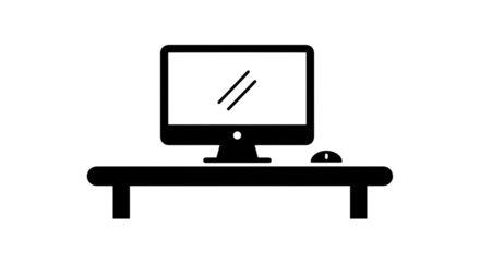 Simple black silhouette icon of a computer monitor on a desk with a mouse isolated on transparent background