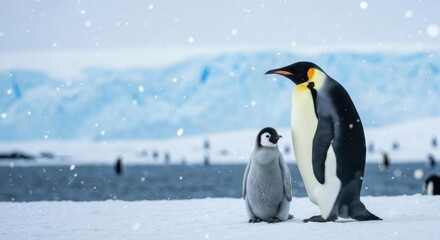 Obraz premium Adult penguin with chick stand on snow, icy background, snowing
