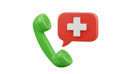 3d green telephone handset with red speech bubble featuring white medical cross icon isolated on transparent background