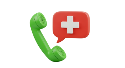 3d green telephone handset with red speech bubble featuring white medical cross icon isolated on transparent background