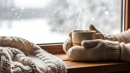 Hands in Mittens Holding Steaming Mug by Snowy Window image photo