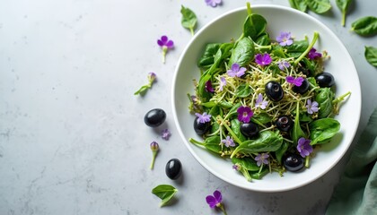 Fresh green salad with spinach mizuna sprouts olives and purple edible flowers in white bowl on gray background. Healthy vegan meal ingredients for light diet.