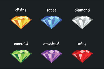 Colorful cartoon-style gemstone set: citrine, topaz, diamond, emerald, amethyst, and ruby. Bright illustrations perfect for games, fantasy designs, or decorative graphic elements