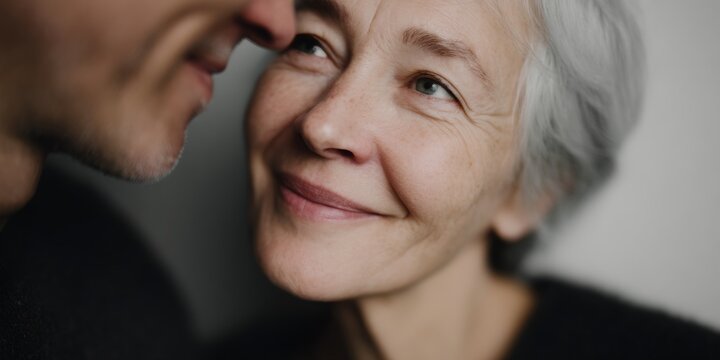 Woman and a man are hugging and smiling at the camera