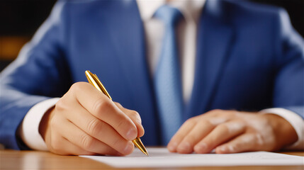Business professional in suit signing document with pen on wooden desk. Concept of contract, legal agreement, corporate paperwork, finance deal, compliance, and close up detail.