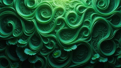 Intricate green organic pattern with swirling tendrils and delicate small flowers