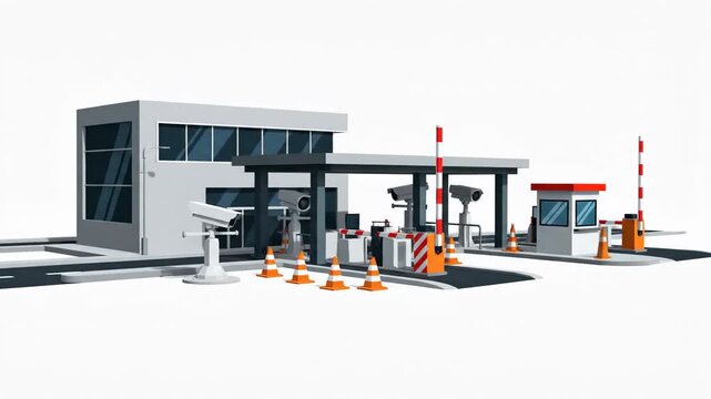 Automated Toll Booth and Gas Station with Surveillance Cameras and Traffic Cones on White Background. 4k Flat Animation Video