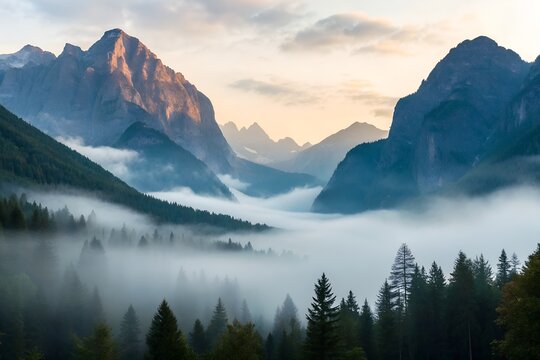 Mountain landscape with a serene lake reflecting snow-capped peaks and the morning sky, showcasing nature's beauty in the Alps - Powered by Adobe