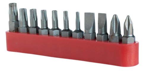 Ratchet bits in a red holder isolated on a transparent png background