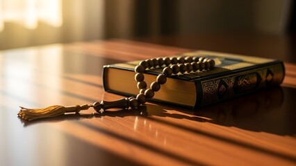 Islamic Holy Book Quran and Prayer Beads on Wooden Table with Sunlight religion