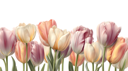 Vibrant pink and white tulips on transparent background