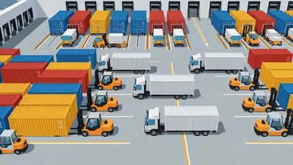 Busy Logistics Hub with Forklifts and Trucks Loading and Unloading Containers at a Warehouse. 4k Flat Animation Video