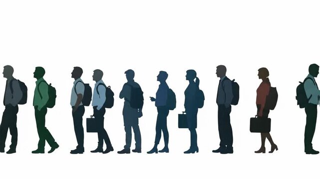 Silhouettes of diverse people standing and walking in a line representing a crowd or queue. 4k Flat Animation Video