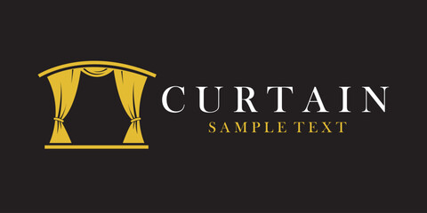 golden icon of theatrical scene with curtains isolated on black background