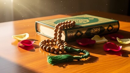 Islamic Holy Book Quran and Prayer Beads with Rose Petals and Sunlight rosary tasbih