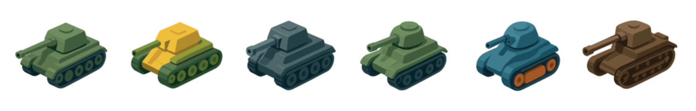 Set of six colorful isometric tanks with different designs and camouflage patterns, rendered in a clean, flat vector illustration style for video game or strategy concepts
